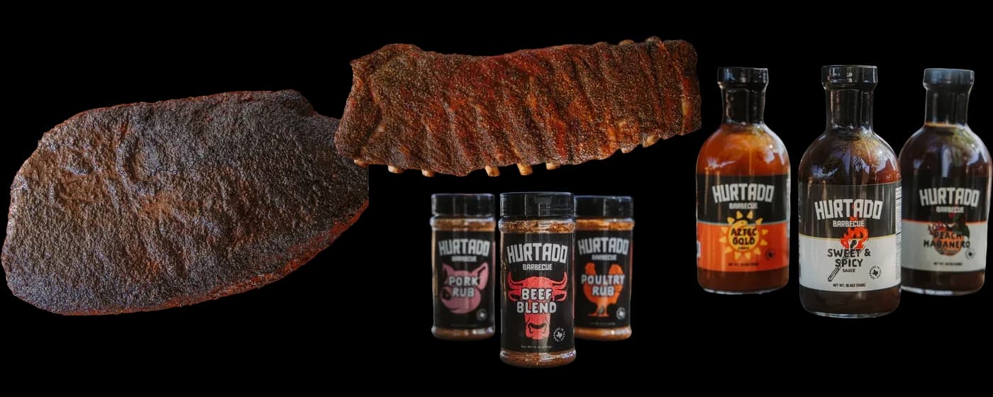 A whole smoked brisket, a rack of St. Louis ribs, the three Hurtado sauces and the three rubs