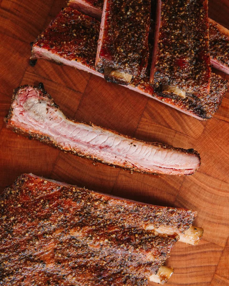 Sliced smoked pork ribs